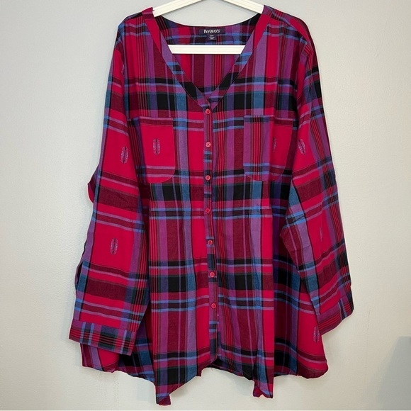 Roaman's Women's Button Up Shirt Tunic Plaid Roll Tab V Neck 22 Asymmetrical Hem - Picture 2 of 15